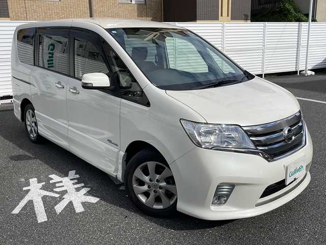 日産 セレナ ハイウェイスター Sハイブリッド 広島県 2013(平25)年 2.7万km ホワイトパール /登録時走行距離/　　　　　　　26249キロ/ワンオーナー/純正ナビ/バックカメラ/地デジ/両側パワースライドドア/クルーズコントロール/スペアキー×１/ビルトインETC/新車時整備手帳/　　【保証書】/取扱説明書/