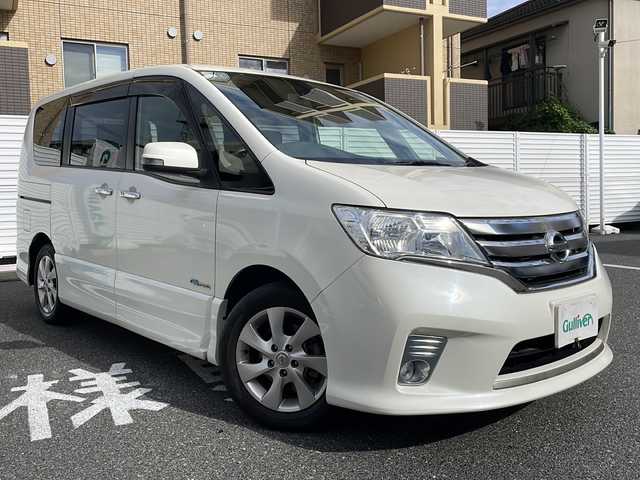 日産 セレナ ハイウェイスター Sハイブリッド 山口県 2013(平25)年 2.7万km ホワイトパール /登録時走行距離/　　　　　　　26249キロ/ワンオーナー/純正ナビ/バックカメラ/地デジ/両側パワースライドドア/クルーズコントロール/スペアキー×１/ビルトインETC/新車時整備手帳/　　【保証書】/取扱説明書/