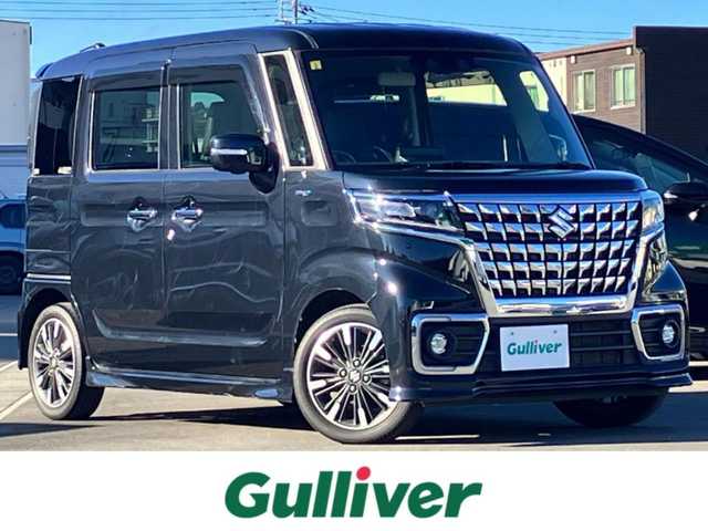 スズキ スペーシア カスタム HYBRID XS 静岡県 2023(令5)年 5.6万km ブルーイッシュブラックパール3 純正9インチナビ（CD/DVD/BT/フルセグ）/全方位カメラ/レーダークルーズコントロール/エンジンスタートボタン/パワーステアリング/パワーウィンドウ/アイドリングストップ/スマートキー/オートエアコン/USB入力端子/ベンチシート/ハーフレザーシート/D席シートヒーター/両側パワースライドドア/純正アルミホイール/ABS/横滑り防止装置/コーナーセンサー/レーンキープアシスト/盗難防止装置/オートライト/オートマチックハイビーム/LEDヘッドライト/Ｗ+サイドエアバッグ/衝突軽減システム