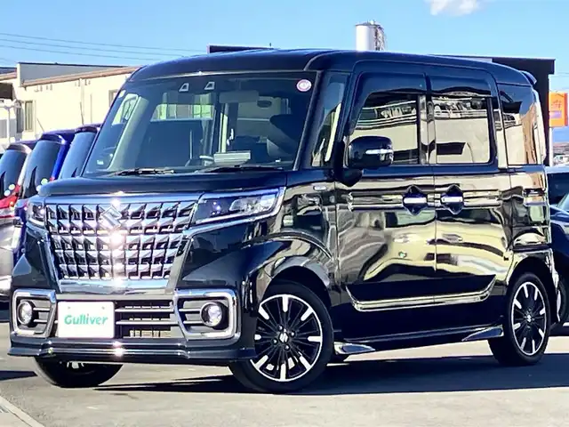 スズキ スペーシア カスタム HYBRID XS 静岡県 2023(令5)年 5.6万km ブルーイッシュブラックパール3 純正9インチナビ（CD/DVD/BT/フルセグ）/全方位カメラ/レーダークルーズコントロール/エンジンスタートボタン/パワーステアリング/パワーウィンドウ/アイドリングストップ/スマートキー/オートエアコン/USB入力端子/ベンチシート/ハーフレザーシート/D席シートヒーター/両側パワースライドドア/純正アルミホイール/ABS/横滑り防止装置/コーナーセンサー/レーンキープアシスト/盗難防止装置/オートライト/オートマチックハイビーム/LEDヘッドライト/Ｗ+サイドエアバッグ/衝突軽減システム