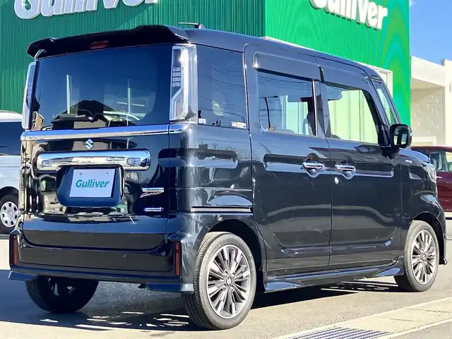 スズキ スペーシア カスタム HYBRID XS 静岡県 2023(令5)年 5.6万km ブルーイッシュブラックパール3 純正9インチナビ（CD/DVD/BT/フルセグ）/全方位カメラ/レーダークルーズコントロール/エンジンスタートボタン/パワーステアリング/パワーウィンドウ/アイドリングストップ/スマートキー/オートエアコン/USB入力端子/ベンチシート/ハーフレザーシート/D席シートヒーター/両側パワースライドドア/純正アルミホイール/ABS/横滑り防止装置/コーナーセンサー/レーンキープアシスト/盗難防止装置/オートライト/オートマチックハイビーム/LEDヘッドライト/Ｗ+サイドエアバッグ/衝突軽減システム