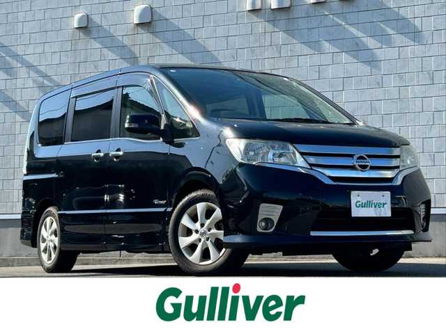 日産 セレナ ハイウェイS G Sハイブリッド 山形県 2012(平24)年 9.2万km スーパーブラック 純正ナビ/AM/FM/TV/DVD/CD/SD/Bluetooth/両側電動スライドドア/後席モニター/ウォークスルー/禁煙車/バックカメラ/LEDヘッドライト/クルーズコントロール/スマートキー/純正アルミ/純正オーディオ/アイドリングストップ/ETC/プッシュスタート/横滑り軽減/オートライト/フォグランプ/冬タイヤ積載/保証書/取扱説明書