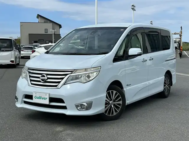 日産 セレナ ハイウェイS G Sハイブリッド 奈良県 2014(平26)年 7.9万km ブルームーンホワイトP KENWOODナビ（MDV-L505）/（フルセグ／ＢＴ／ＣＤ／ＤＶＤ）/Eonon10インチフリップダウンモニター/バックカメラ/レーンキープアシスト/両側パワースライドドア/ハーフレザーシート（ベージュ）/前方ドライブレコーダー/ＥＴＣ/純正16インチＡＷ