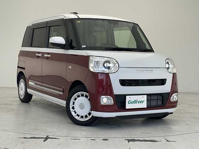 ダイハツ ムーヴ キャンバス ストライプス G ターボ 沖縄県 2022(令4)年 1.6万km シャイニングホワイトパール/ファイアークォーツレッドメタリック 両側パワースライドドア/追従クルーズコントロール/ＬＥＤヘッドライト/プッシュスタート/スマートキー/スペアキー/ステアリングスイッチ/ホットカップホルダー/シートヒーター/アイドリングストップ/コーナーセンサー/保証書