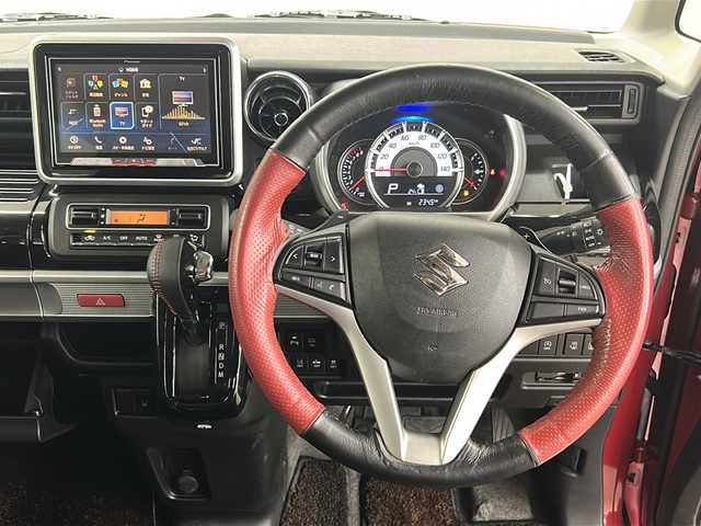 スズキ スペーシア カスタム HYBRID XS ターボ 長崎県 2018(平30)年 9.8万km フェニックスレッドパール/ブルーイッシュブラックパール 純正8インチメモリナビ/・フルセグテレビ/・DVD/・バックカメラ/・Bluetooth/セーフティサポート/・車線逸脱警報/・誤発進抑制/アイドリングストップ/クルーズコントロール/両側パワースライドドア/ETC/純正フロアマット/純正アルミホイール/PS/PW/LEDヘッドライト/運転席シートヒーター/パドルシフト/リアサーキュレーター/シートバックテーブル/リアサンシェード/シートリフター