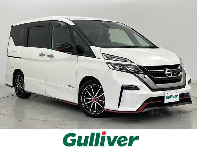 日産 セレナ ニスモ 宮城県 2018(平30)年 4.7万km ブリリアントホワイトパール 禁煙車/プロパイロット/エマージェンシーブレーキ/車線逸脱警報/コーナーセンサー/純正フリップダウン/純正9型ナビ/CD.DVD.SD.BT/フルセグTV/バックモニター/両側パワースライド/ビルトインETC/純正ドライブレコーダー/LEDヘッドライト/電動パーキングブレーキ/アイドリングストップ/横滑り防止機能/ステアリングスイッチ/プッシュスタート/スマートキー/社外１７インチAW/純正フロアマット/ロールサンシェード/シートバックテーブル