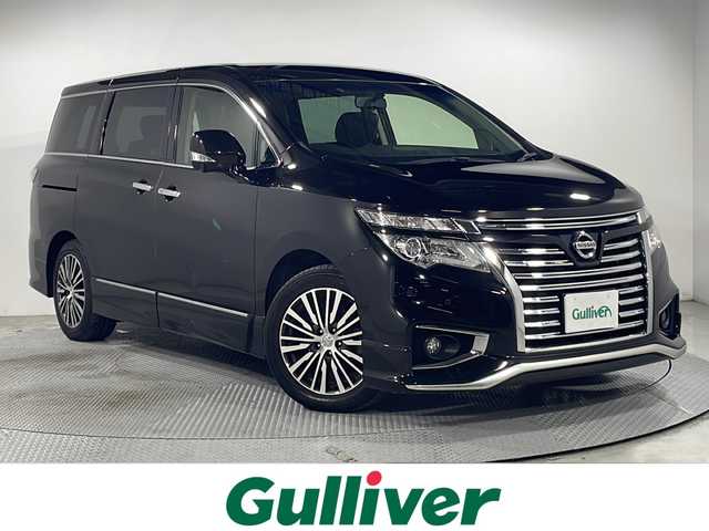 日産 エルグランド 250ハイウェイスターS 広島県 2017(平29)年 6.9万km ファントムブラック 禁煙車/純正ナビ/全周囲カメラ/後席フリップダウンモニター/純正エアロ/パワースライドドア/１００Ｖ給電/ＭＴモード付ＡＴシフト/ＥＴＣ/フルセグ/オットマン/クルーズコントロール/ＬＥＤヘッドライト/フォグランプ/エアバッグ(運転席/助手席/サイド/カーテン)/純正18インチアルミホイール(225/55/R18)