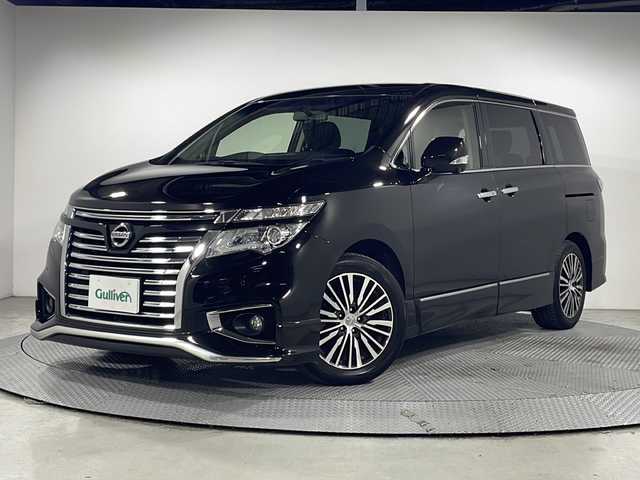 日産 エルグランド 250ハイウェイスターS 広島県 2017(平29)年 6.9万km ファントムブラック 禁煙車/純正ナビ/全周囲カメラ/後席フリップダウンモニター/純正エアロ/パワースライドドア/１００Ｖ給電/ＭＴモード付ＡＴシフト/ＥＴＣ/フルセグ/オットマン/クルーズコントロール/ＬＥＤヘッドライト/フォグランプ/エアバッグ(運転席/助手席/サイド/カーテン)/純正18インチアルミホイール(225/55/R18)