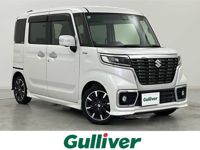 スズキ スペーシア カスタム HYBRID XS 宮城県 2019(令1)年 4.8万km ピュアホワイトP 禁煙車/スズキセーフティサポート/・車線逸脱抑制制御機能/・車線逸脱警報機能/・パーキングソナー/・横滑り防止装置/・ハイビームアシスト/・HUD/社外8型ナビ/・CD.DVD.SD.BT.USB/フルセグTV/全周囲カメラ/両側パワースライドドア/ハーフレザーシート/運転席シートヒーター/LEDヘッドライト/フォグランプ/アイドリングストップ/ドライブレコーダー（FR）/ビルトインETC/ステアリングスイッチ/純正15inAW/純正フロアマット/ロールサンシェード/シートバックテーブル