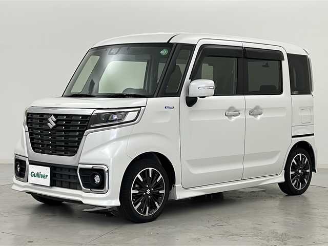 スズキ スペーシア カスタム HYBRID XS 宮城県 2019(令1)年 4.8万km ピュアホワイトP 禁煙車/スズキセーフティサポート/・車線逸脱抑制制御機能/・車線逸脱警報機能/・パーキングソナー/・横滑り防止装置/・ハイビームアシスト/・HUD/社外8型ナビ/・CD.DVD.SD.BT.USB/フルセグTV/全周囲カメラ/両側パワースライドドア/ハーフレザーシート/運転席シートヒーター/LEDヘッドライト/フォグランプ/アイドリングストップ/ドライブレコーダー（FR）/ビルトインETC/ステアリングスイッチ/純正15inAW/純正フロアマット/ロールサンシェード/シートバックテーブル