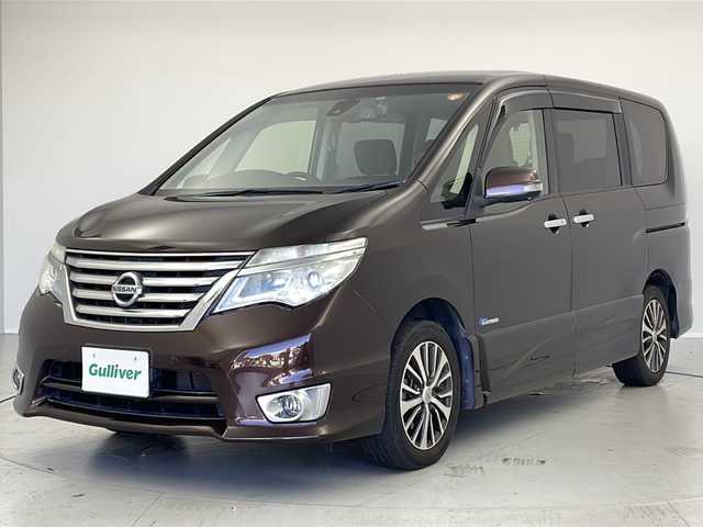 日産 セレナ HWS S HV Vセレ +SeftyⅡ 茨城県 2016(平28)年 7.7万km インペリアルアンバーP 純正ナビ/衝突軽減ブレーキ/両側電動スライドドア/全方位カメラ　/後席モニター/クルーズコントロール/ETC/ドライブレコーダー/純正フロアマット/純正アルミホイール/LEDヘッドライト/フォグランプ/オートライト/スマートキー