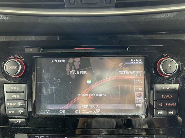 日産 エクストレイル 20X エマージェンシーブレーキ 沖縄県 2014(平26)年 13.3万km ダイヤモンドブラック 禁煙車　/純正７インチナビ/（ＢＴ，フルセグ，ＣＤ／ＤＶＤ，ラジオ）　/アラウンドビューモニター　/４ＷＤ　/コーナーセンサー　/ハーフレザーシート　/クルーズコントロール　/ビルトインＥＴＣ　/前後ドライブレコーダー　/前席シートヒーター/ヒーテッドドアミラー/ヒルディセントコントロール/純正フロアマット/純正ドアバイザー　/オートライト/革巻きステアリング/純正17インチアルミホイール