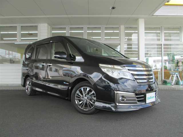日産 セレナ ライダー Sハイブリッド 千葉県 2014(平26)年 8.9万km ダイヤモンドブラック 純正8インチSDナビ・フルセグTV/オーディオ【フルセグTV/CD/DVD/BT】/純正アラウンドビューモニター/純正フリップダウンモニター/両側パワースライドドア/衝突被害軽減システム/車線逸脱警報/クルーズコントロール/横滑り防止装置/ドライブレコーダー/コーナーセンサー/フォグランプ/スマートキー/ETC