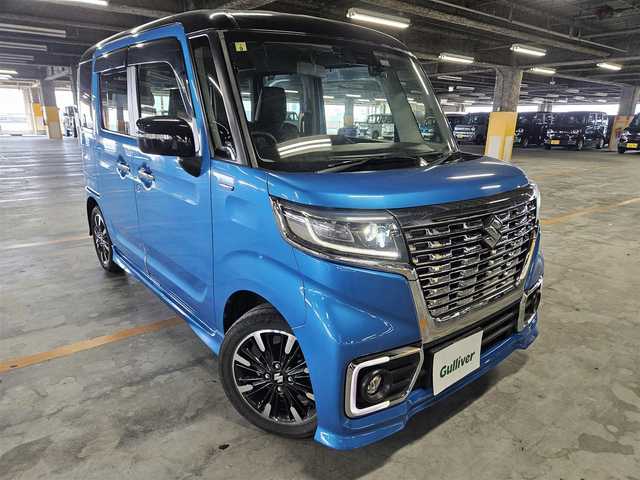 スズキ スペーシア カスタム HYBRID XS ターボ 鹿児島県 2018(平30)年 7.2万km ブリスクブルーメタリック/ブラック2トーンルーフ 純正8型ナビ/　(Bluetooth/CD/DVD)/フルセグTV/両側パワースライドドア/バックカメラ/ビルトインETC/ドライブレコーダー/クルーズコントロール/パーキングセンサー/セーフティサポート/・デュアルセンサーブレーキサポート/・後退時ブレーキサポート/・前後誤発進抑制機能/・車線逸脱警報機能/・ふらつき警報機能/・先行車発進お知らせ機能/・ハイビームアシスト/IC付ターボ/LEDヘッドランプ/本革巻きステアリング/パドルシフト/合皮/ファブリックコンビシート/運転席シートヒーター/純正15インチアルミホイール/キーレスプッシュスタートシステム/禁煙車