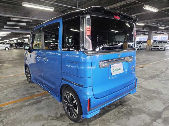 スズキ スペーシア カスタム HYBRID XS ターボ 鹿児島県 2018(平30)年 7.2万km ブリスクブルーメタリック/ブラック2トーンルーフ 純正8型ナビ/　(Bluetooth/CD/DVD)/フルセグTV/両側パワースライドドア/バックカメラ/ビルトインETC/ドライブレコーダー/クルーズコントロール/パーキングセンサー/セーフティサポート/・デュアルセンサーブレーキサポート/・後退時ブレーキサポート/・前後誤発進抑制機能/・車線逸脱警報機能/・ふらつき警報機能/・先行車発進お知らせ機能/・ハイビームアシスト/IC付ターボ/LEDヘッドランプ/本革巻きステアリング/パドルシフト/合皮/ファブリックコンビシート/運転席シートヒーター/純正15インチアルミホイール/キーレスプッシュスタートシステム/禁煙車