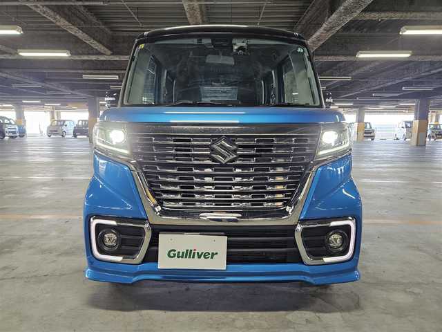 スズキ スペーシア カスタム HYBRID XS ターボ 鹿児島県 2018(平30)年 7.2万km ブリスクブルーメタリック/ブラック2トーンルーフ 純正8型ナビ/　(Bluetooth/CD/DVD)/フルセグTV/両側パワースライドドア/バックカメラ/ビルトインETC/ドライブレコーダー/クルーズコントロール/パーキングセンサー/セーフティサポート/・デュアルセンサーブレーキサポート/・後退時ブレーキサポート/・前後誤発進抑制機能/・車線逸脱警報機能/・ふらつき警報機能/・先行車発進お知らせ機能/・ハイビームアシスト/IC付ターボ/LEDヘッドランプ/本革巻きステアリング/パドルシフト/合皮/ファブリックコンビシート/運転席シートヒーター/純正15インチアルミホイール/キーレスプッシュスタートシステム/禁煙車
