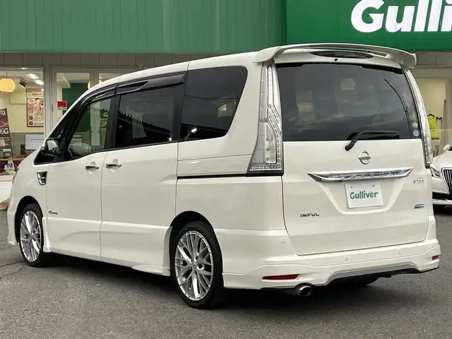 日産 セレナ HWS S HV Vセレ +Sefty Aセーフ 千葉県 2014(平26)年 5.7万km ブリリアントホワイトパール IMPUL仕様車/IMPULエアロ(F/S/R)/IMPULマフラー/IMPUL18インチアルミホイール/エマージェンシーブレーキ/車線逸脱警報/純正8インチSDナビ【MM514D-L】/・CD/DVD/MSV/Bluetooth/フルセグ/純正フリップダウンモニター/アラウンドビューカメラ/両後パワースライドドア/クルーズコントロール/インテリジェントキー/純正LEDヘッドライト/フォグランプ/社外前後ドライブレコーダー/ETC/前後コーナーセンサー/本革巻きステアリング/新車時保証書