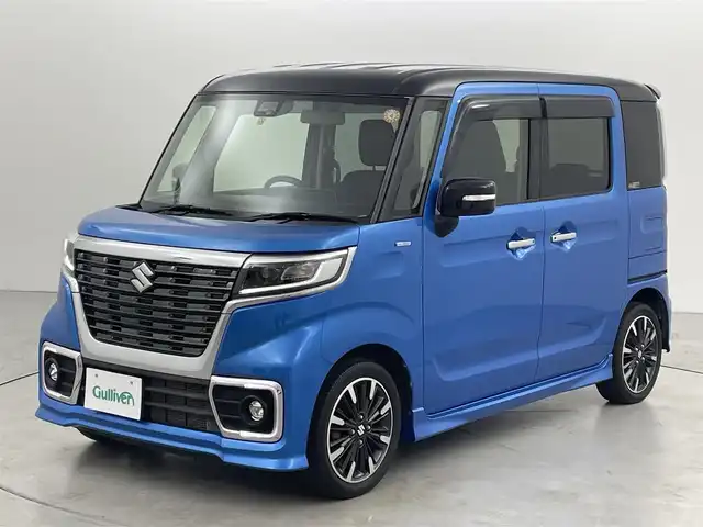 スズキ スペーシア カスタム HYBRID XS ターボ 福岡県 2018(平30)年 2.3万km ブリスクブルーメタリック/ブラック2トーンルーフ 純正８型ナビ/（ＣＤ　ＤＶＤ　ＢＴ　フルセグＴＶ）　/デュアルセンサーブレーキサポート　/衝突被害軽減ブレーキ　/レーンキープアシスト　/両側パワースライドドア　/シートヒーター　/アイドリングストップ /オートライト/LEDヘッドライト/フォグランプ