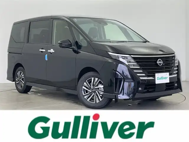 日産 セレナ e－パワー ハイウェイスター V 富山県 2025(令7)年 0.1千km ダイヤモンドブラック 純正12.3型ナビ（AM/FM/BT/USB/HDMI）/フルセグTV/全方位カメラ/純正後席モニター/前後ドライブレコーダー/ETC2.0/デジタルインナーミラー/両側パワースライドドア/衝突被害軽減システム/レーダークルーズコントロール/レーンキープアシスト/コーナーセンサー/横滑り防止装置/アイドリングストップ/純正アルミホイール/オートLEDライト/オートマチックハイビーム/フォグライト/ブラインドスポットモニター/オートホールド付電子パーキング/革巻きステアリング/ステアリングスイッチ/スマートキー/スペアキー