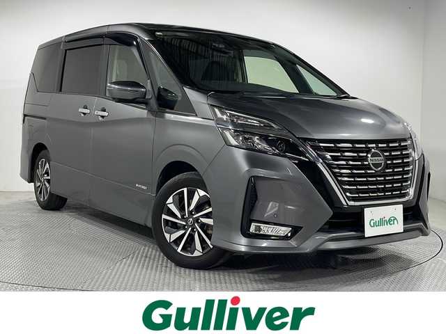 日産 セレナ ハイウェイスター V 広島県 2020(令2)年 2.7万km ダークメタルグレー 純正１０型ナビ/Blu-ray/ホールド機能付電動パーキングブレーキ/後席フリップダウンモニター/パーキングアシスト/プロパイロット/両側パワースライドドア(ハンズフリー機能付)/ブラインドスポットモニター/オートマチックハイビーム/コーナーセンサー/ドラレコ/ＥＴＣ/フォグランプ/衝突軽減/レーンキープ/踏み間違い防止/純正１６インチアルミホイール(185/60/R16)/エアバッグ(運転席/助手席/サイド/カーテン)