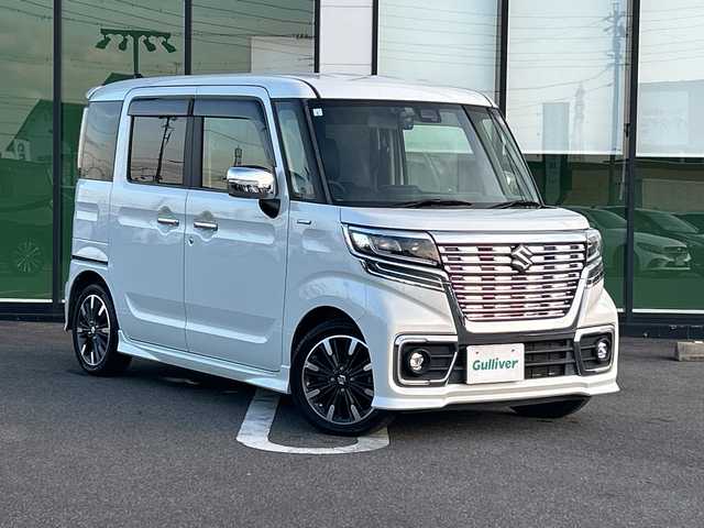 スズキ スペーシア カスタム HYBRID XS 岐阜県 2019(平31)年 5.8万km ピュアホワイトP 登録時走行距離58052km/両側パワースライドドア/社外ＳＤナビ/禁煙車/バックカメラ/ドライブレコーダー/レーンキープアシスト/コーナーセンサー/ＬＥＤヘッドライト/ハーフレザーシート/シートヒーター/フロントフォグランプ/オートライト/Bluetooth接続/CDチェンジャー/ETC/純正アルミホイール/ドアバイザー/プッシュスタート/スマートキー/アイドリングストップ/衝突被害軽減システム