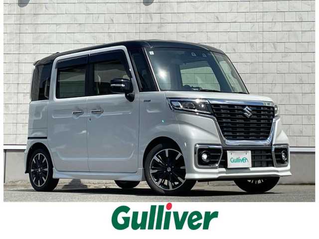 スズキ スペーシア カスタム HYBRID XS 山形県 2021(令3)年 3.9万km ピュアホワイトパール/ブラック2トーン 禁煙車/社外オーディオ/・AM/FM/CD/AUX/Bluetooth/アダプティブクルーズコントロール/アイドリングストップ/コーナーセンサー/車線逸脱警報/衝突被害軽減ブレーキ/横滑り防止装置/盗難防止装置/LEDヘッドライト/オートライト/フロントフォグランプ/両側パワースライドドア/ハーフレザーシート/シートヒーター（D/N席）/純正フロアマット/純正ドアバイザー/冬タイヤ積み込み/保証書/取扱説明書