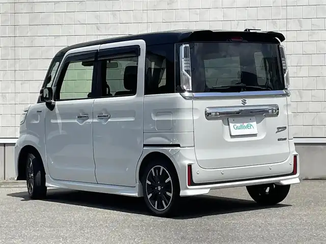 スズキ スペーシア カスタム HYBRID XS 山形県 2021(令3)年 3.9万km ピュアホワイトパール/ブラック2トーン 禁煙車/社外オーディオ/・AM/FM/CD/AUX/Bluetooth/アダプティブクルーズコントロール/アイドリングストップ/コーナーセンサー/車線逸脱警報/衝突被害軽減ブレーキ/横滑り防止装置/盗難防止装置/LEDヘッドライト/オートライト/フロントフォグランプ/両側パワースライドドア/ハーフレザーシート/シートヒーター（D/N席）/純正フロアマット/純正ドアバイザー/冬タイヤ積み込み/保証書/取扱説明書