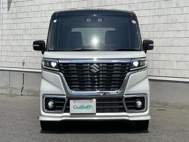 スズキ スペーシア カスタム HYBRID XS 山形県 2021(令3)年 3.9万km ピュアホワイトパール/ブラック2トーン 禁煙車/社外オーディオ/・AM/FM/CD/AUX/Bluetooth/アダプティブクルーズコントロール/アイドリングストップ/コーナーセンサー/車線逸脱警報/衝突被害軽減ブレーキ/横滑り防止装置/盗難防止装置/LEDヘッドライト/オートライト/フロントフォグランプ/両側パワースライドドア/ハーフレザーシート/シートヒーター（D/N席）/純正フロアマット/純正ドアバイザー/冬タイヤ積み込み/保証書/取扱説明書