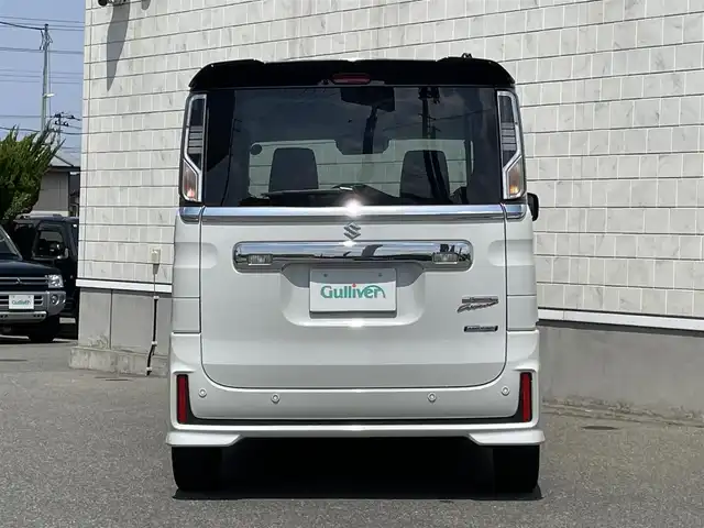 スズキ スペーシア カスタム HYBRID XS 山形県 2021(令3)年 3.9万km ピュアホワイトパール/ブラック2トーン 禁煙車/社外オーディオ/・AM/FM/CD/AUX/Bluetooth/アダプティブクルーズコントロール/アイドリングストップ/コーナーセンサー/車線逸脱警報/衝突被害軽減ブレーキ/横滑り防止装置/盗難防止装置/LEDヘッドライト/オートライト/フロントフォグランプ/両側パワースライドドア/ハーフレザーシート/シートヒーター（D/N席）/純正フロアマット/純正ドアバイザー/冬タイヤ積み込み/保証書/取扱説明書