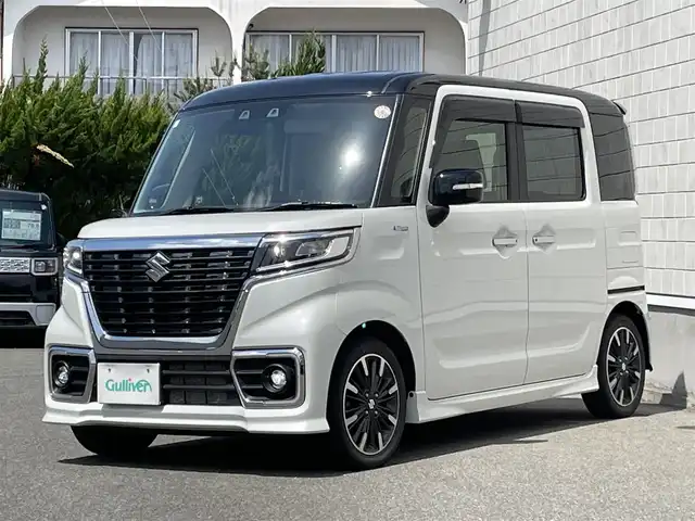 スズキ スペーシア カスタム HYBRID XS 山形県 2021(令3)年 3.9万km ピュアホワイトパール/ブラック2トーン 禁煙車/社外オーディオ/・AM/FM/CD/AUX/Bluetooth/アダプティブクルーズコントロール/アイドリングストップ/コーナーセンサー/車線逸脱警報/衝突被害軽減ブレーキ/横滑り防止装置/盗難防止装置/LEDヘッドライト/オートライト/フロントフォグランプ/両側パワースライドドア/ハーフレザーシート/シートヒーター（D/N席）/純正フロアマット/純正ドアバイザー/冬タイヤ積み込み/保証書/取扱説明書