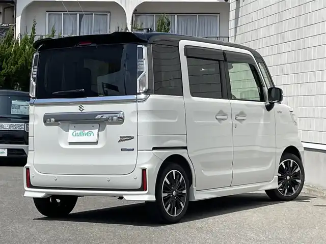 スズキ スペーシア カスタム HYBRID XS 山形県 2021(令3)年 3.9万km ピュアホワイトパール/ブラック2トーン 禁煙車/社外オーディオ/・AM/FM/CD/AUX/Bluetooth/アダプティブクルーズコントロール/アイドリングストップ/コーナーセンサー/車線逸脱警報/衝突被害軽減ブレーキ/横滑り防止装置/盗難防止装置/LEDヘッドライト/オートライト/フロントフォグランプ/両側パワースライドドア/ハーフレザーシート/シートヒーター（D/N席）/純正フロアマット/純正ドアバイザー/冬タイヤ積み込み/保証書/取扱説明書