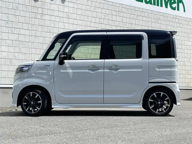 スズキ スペーシア カスタム HYBRID XS 山形県 2021(令3)年 3.9万km ピュアホワイトパール/ブラック2トーン 禁煙車/社外オーディオ/・AM/FM/CD/AUX/Bluetooth/アダプティブクルーズコントロール/アイドリングストップ/コーナーセンサー/車線逸脱警報/衝突被害軽減ブレーキ/横滑り防止装置/盗難防止装置/LEDヘッドライト/オートライト/フロントフォグランプ/両側パワースライドドア/ハーフレザーシート/シートヒーター（D/N席）/純正フロアマット/純正ドアバイザー/冬タイヤ積み込み/保証書/取扱説明書