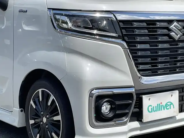 スズキ スペーシア カスタム HYBRID XS 山形県 2021(令3)年 3.9万km ピュアホワイトパール/ブラック2トーン 禁煙車/社外オーディオ/・AM/FM/CD/AUX/Bluetooth/アダプティブクルーズコントロール/アイドリングストップ/コーナーセンサー/車線逸脱警報/衝突被害軽減ブレーキ/横滑り防止装置/盗難防止装置/LEDヘッドライト/オートライト/フロントフォグランプ/両側パワースライドドア/ハーフレザーシート/シートヒーター（D/N席）/純正フロアマット/純正ドアバイザー/冬タイヤ積み込み/保証書/取扱説明書