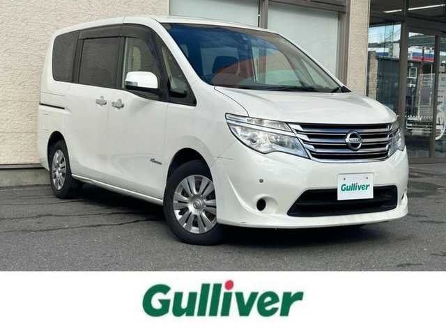 日産 セレナ 20X Sハイブリッド 大阪府 2014(平26)年 9万km ブリリアントホワイトパール 純正SDナビ/（CD・TV）/バックカメラ/衝突軽減防止システム/前後コーナーセンサー/レーンキープアシスト/両側パワースライドドア/純正ホイールキャップ/ビルトインETC/前後ドライブレコーダー