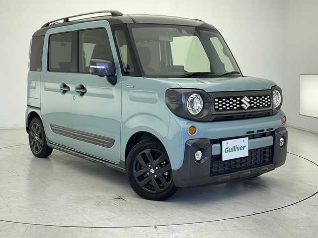 スズキ スペーシア ギア HYBRID XZターボ 千葉県 2023(令5)年 2.3万km オフブルーメタリック/ガンメタリック2トーンルーフ 衝突軽減ブレーキ/レーンキープアシスト/レーダークルーズコントロール/純正ナビ/　フルセグ/BT/DVD/CD/全方位カメラ/コーナーセンサー(後)/ステアリングスイッチ/パドルシフト/ETC/ドライブレコーダー(前後)/シートヒーター(D/N席)/両側パワースライドドア/スマートキー/プッシュスタート/LEDヘッドライト/オートライト/オートハイビーム/フォグライト/ルーフレール/サーキュレーター/純正フロアマット