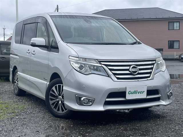 日産 セレナ HWS S HV Vセレ +Sefty 群馬県 2015(平27)年 5.9万km ブリリアントシルバー ワンオーナー/純正SDナビ、地デジ、Bluetooth、CD、DVD/アラウンドビューモニター/エマージェンシーブレーキ/クルーズコントロール/ウインカーミラー/革巻きステア/両側パワースライドドア/コーナーセンサー（前後）/ETC/LEDヘッドライト/スマートキー×２/ドアバイザー/保証書、取説