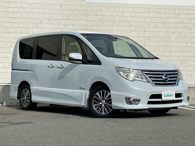 日産 セレナ HWS S HV Vセレ +SeftyⅡ 山形県 2016(平28)年 7.4万km ブルームーンホワイトP エマージェンシーブレーキ/車線逸脱警報/横滑り防止装置/社外ナビ（フルセグ/DVD/CD/BT）/全周囲カメラ/両側パワースライド/ビルトインETC/ドライブレコーダー/アイドリングストップ/クルーズコントロール/純正アルミホイール/冬タイヤ車載/白レザー調シートカバー/プッシュスタート