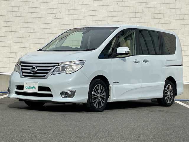 日産 セレナ HWS S HV Vセレ +SeftyⅡ 山形県 2016(平28)年 7.4万km ブルームーンホワイトP エマージェンシーブレーキ/車線逸脱警報/横滑り防止装置/社外ナビ（フルセグ/DVD/CD/BT）/全周囲カメラ/両側パワースライド/ビルトインETC/ドライブレコーダー/アイドリングストップ/クルーズコントロール/純正アルミホイール/冬タイヤ車載/白レザー調シートカバー/プッシュスタート