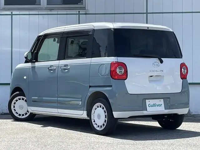 ダイハツ ムーヴ キャンバス セオリー G ターボ 山梨県 2022(令4)年 1.5万km シャイニングホワイトパール/レイクブルーメタリック 純正スマホ連携ディスプレイオーディオナビ/フルセグTV/Bluetooth接続/アラウンドビューモニター/ETC/前方ドライブレコーダー/アイドリングストップ/シートヒーター/両側パワースライドドア/アダプティブクルーズコントロール/コーナーセンサー/エアバックW＋サイド/取扱説明書/保証書