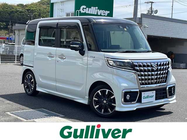 スズキ スペーシア カスタム HYBRID XS 山口県 2022(令4)年 2.6万km ピュアホワイトパール/ブラック2トーン 純正メーカーオプションナビ/Bluetooth/フルセグTV/全周囲カメラ/コーナーセンサー/衝突軽減ブレーキ/レーンキープアシスト/横滑り防止装置/プッシュスタート/スマートキー/クルーズコントロール/両側パワースライドドア/社外前方ドライブレコーダー/ハーフレザーシート/ステアリングスイッチ/LEDヘッドライト/LEDフォグライト/オートライト/ETC/純正15インチAW/保証書・取説/スペアキー1個