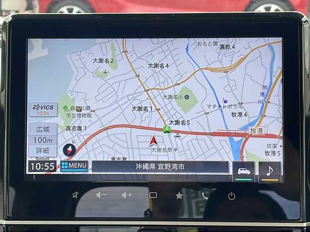 スズキ スペーシア HYBRID X 沖縄県 2023(令5)年 1.3万km オフブルーメタリック/ホワイト2トーン ディスプレイオーディオ　/CD/DVD/BT/フルセグTV　/全方位カメラ　/両側パワースライドドア　/シートヒーター/ステアリングスイッチ/アイドリングストップ/USB入力端子/スマートキー/ビルトインＥＴＣ