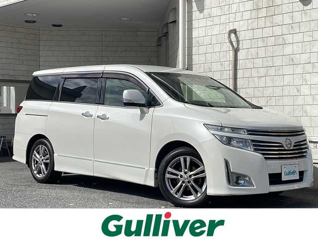 日産 エルグランド 250ハイウェイスター 神奈川県 2012(平24)年 7.9万km ブリリアントホワイトパール 純正SDナビ/【CD/DVD/SD/BT/USB/VTR/フルセグTV】/純正フリップダウンモニター/バックカメラ/両側パワースライドドア/ハーフレザーシート/オートライト/ETＣ/純正フロアマット/純正ドアバイザー/純正アルミホイール/盗難防止装置/横滑り防止装置/プッシュスタート/スマートキー/スペアキー×１/取扱説明書/保証書