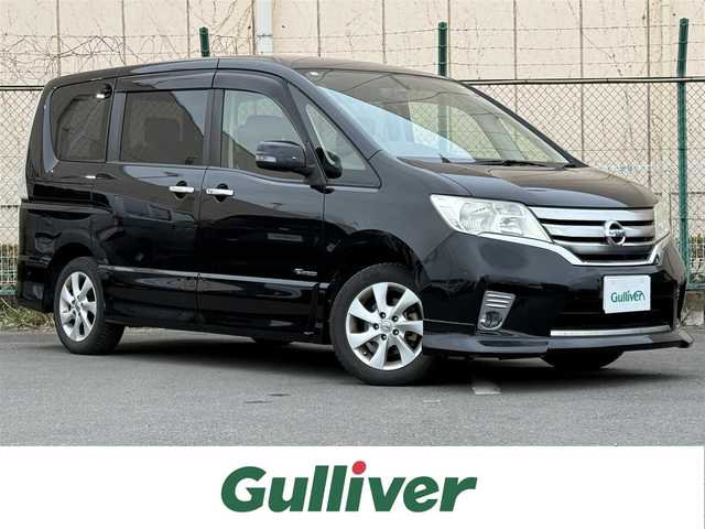 日産 セレナ ハイウェイスター S HV エアロ 大分県 2013(平25)年 8.7万km スーパーブラック 純正ナビ【型式MC312D-W】/　AM/FM/CD/DVD/BT/　USB入力端子/　フルセグ/後席モニター【メーカーALPINE　型式PCX-R3300】/バックモニター/ETC/純正フロアマット/両側パワースライドドア/プッシュスタート/ドアバイザー/ウィンカーミラー/アイドリングストップ/HID