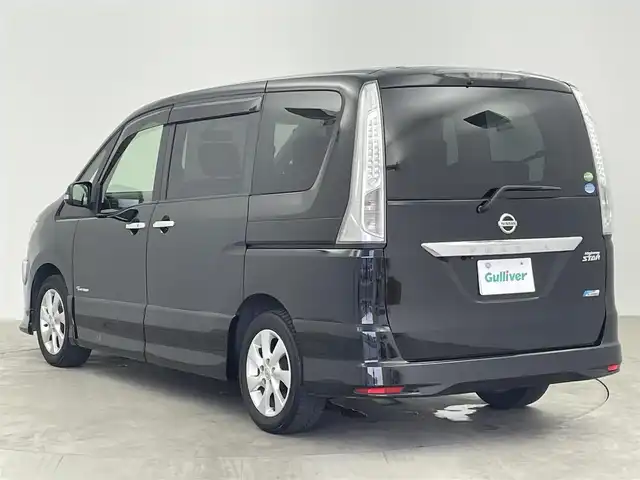 日産 セレナ ハイウェイスター S HV エアロ 大分県 2013(平25)年 8.7万km スーパーブラック 純正ナビ　型式MC312D-W/　AM/FM/CD/DVD/BT/　USB入力端子/　フルセグTV/バックカメラ/後席モニター　型式PCX-R3300/両側パワースライドドア/クルーズコントロール/ETC/プッシュスタート/アイドリングストップ/横滑り防止装置/電動格納ミラー/純正フロアマット/オートライト/HIDヘッドライト/フォグランプ/純正16インチアルミホイール