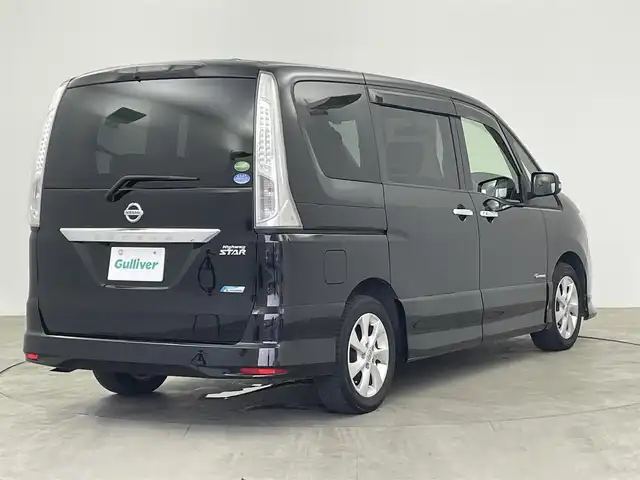 日産 セレナ ハイウェイスター S HV エアロ 大分県 2013(平25)年 8.7万km スーパーブラック 純正ナビ　型式MC312D-W/　AM/FM/CD/DVD/BT/　USB入力端子/　フルセグTV/バックカメラ/後席モニター　型式PCX-R3300/両側パワースライドドア/クルーズコントロール/ETC/プッシュスタート/アイドリングストップ/横滑り防止装置/電動格納ミラー/純正フロアマット/オートライト/HIDヘッドライト/フォグランプ/純正16インチアルミホイール