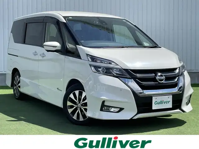 日産 セレナ ハイウェイスター Vセレクション 香川県 2017(平29)年 6.9万km ブリリアントホワイトパール 登録時走行距離：68966Kｍ/エマージェンシーブレーキ/純正9インチナビ/・ＣＤ／ＤＶＤ／ＢＴ／ＤＴＶ/フリップダウンモニター/アラウンドビューモニター/革巻きステアリング/ステアリングリモコン/クルーズコントロール/両側パワースライドドア/インテリジェントオートスライド/LEDヘッドライト/フォグライト/ドライブレコーダー/ETC/純正16インチアルミホイール/スマートキー/プッシュスタート/Bluetooth/電動格納ウィンカーミラー/禁煙車/ISOFIX/バイザー