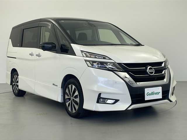 日産 セレナ ハイウェイスター Vセレクション 岐阜県 2017(平29)年 2.4万km ブリリアントホワイトパール 2トーン 純正ナビ/（BT/フルセグ/CD/AUX/AM/FM/SD）/全方位カメラ/衝突軽減ブレーキ/クルーズコントロール/後席モニター/両側パワースライドドア/コーナーセンサー前後/ETC/ドライブレコーダー前後/スマートキー/プッシュスタート/革ステアリング/ステアリングスイッチ/サイドカーテンエアバック/LEDヘッドライト/オートライト/純正アルミホイール/純正フロアマット/純正ドアバイザー/アイドリングストップ