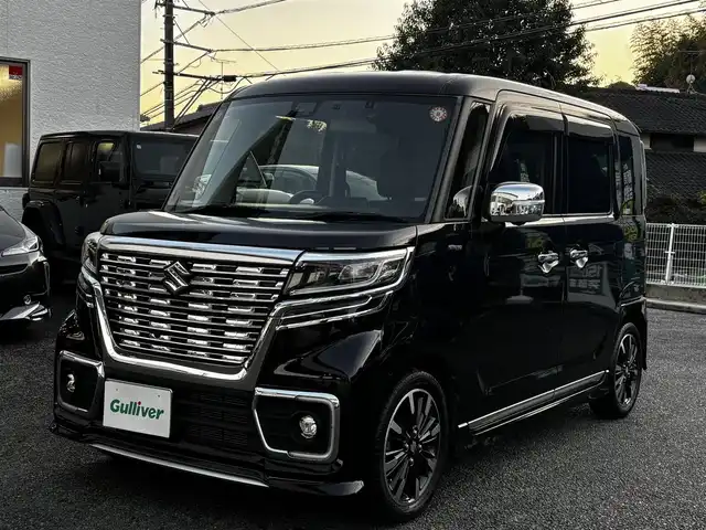 スズキ スペーシア カスタム HYBRID XS ターボ 熊本県 2018(平30)年 7.9万km ブルーイッシュブラックパール3 純正メモリナビ（CN-RZ83）/【フルセグTV/Bluetooth/CD/DVD】/バックカメラ/両側パワースライドドア/衝突軽減ブレーキ/車線逸脱/クルーズコントロール/ヘッドアップディスプレイ/クリアナンスソナー/横滑り防止/ハーフレザーシート/シートヒーター/ドライブレコーダー/アイドリングストップ/純正フロアマット/プッシュスタート/スマートキー