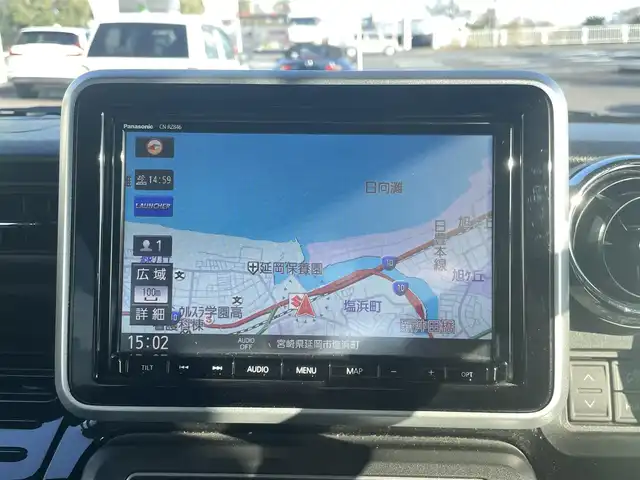 スズキ スペーシア カスタム HYBRID XS 宮崎県 2018(平30)年 5万km 黒 純正アルミ/衝突軽減ブレーキ/シートヒーター/電動格納ミラー/純正ナビ（CN-RZ846)/全方位カメラ/オートライド