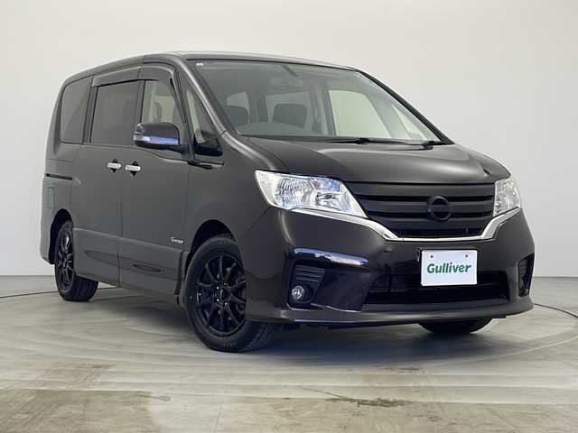 日産 セレナ ハイウェイS G Sハイブリッド 秋田県 2013(平25)年 11.9万km オーロラモーヴ ワンオーナー　/純正ナビ【AM/FM/CD/DVD/BT】　/フルセグＴＶ　/フォグライト　/ウィンカーミラー　/サイドバイザー　/リアサンシェード　　/純正フロアマット　/革巻きステアリング　/電格ミラー　/ＥＴＣ　/スマートキー　/スペアキー有り/クルーズコントロール/オートライト/オートエアコン /アイドリングストップ/横滑り防止装置/USBポート/バックカメラ/ビークルダイナミクスコントロール/保証書/取扱説明書/純正エンジンスターター